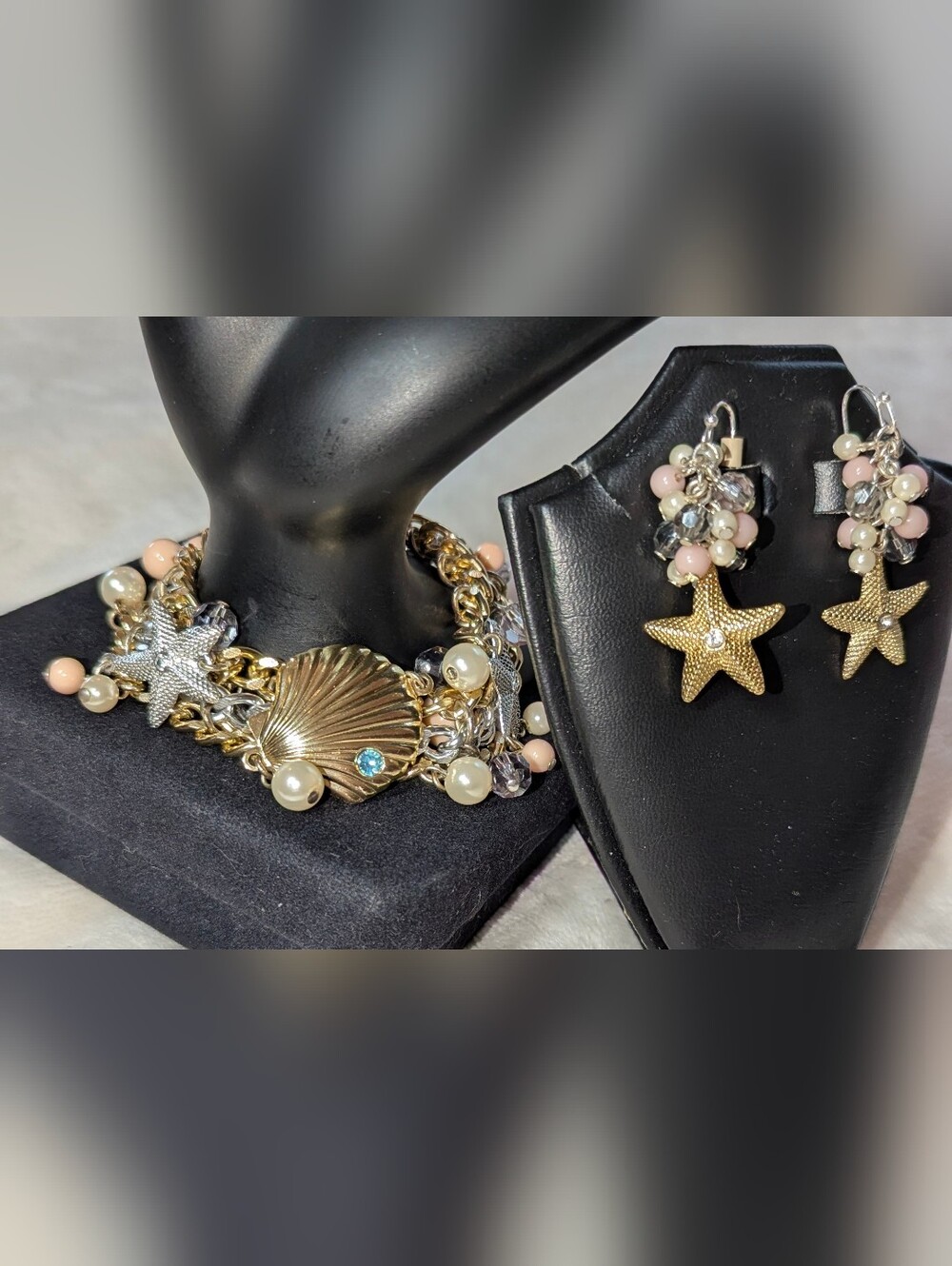 AVON Chunky Mixed Metal Nautical Shell Starfish Charm Bracelet + Earrings Set